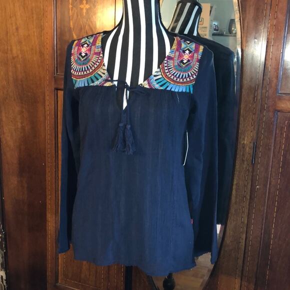 Billabong Boho Hippie Western Cowboy Cowgirl Blue Multi Colored Long Sleeve Top - Picture 2 of 8